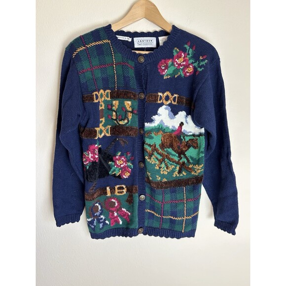 Jantzen S Equestrian Sweater Horse Vintage Scallop Cardigan Bridle Bit Jockey - Picture 1 of 5